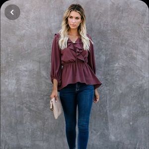 Mists Of All Time High Low Ruffle Blouse-Mocha